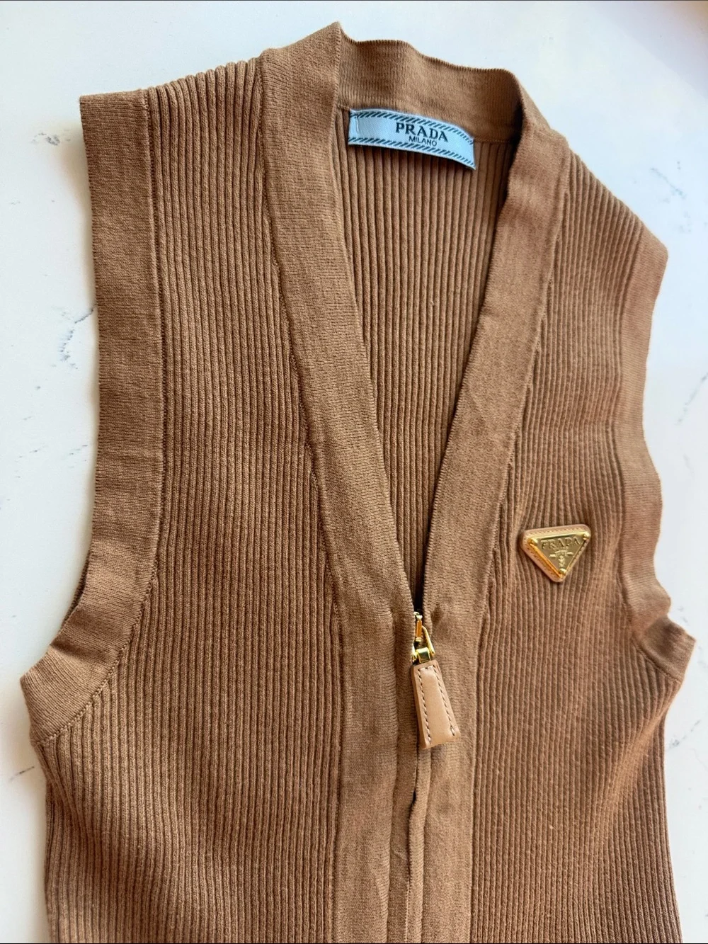 Prada Ribbed Knit Sleeveless Zip Vest Cardigan Brown Camel Leather Logo Plaque